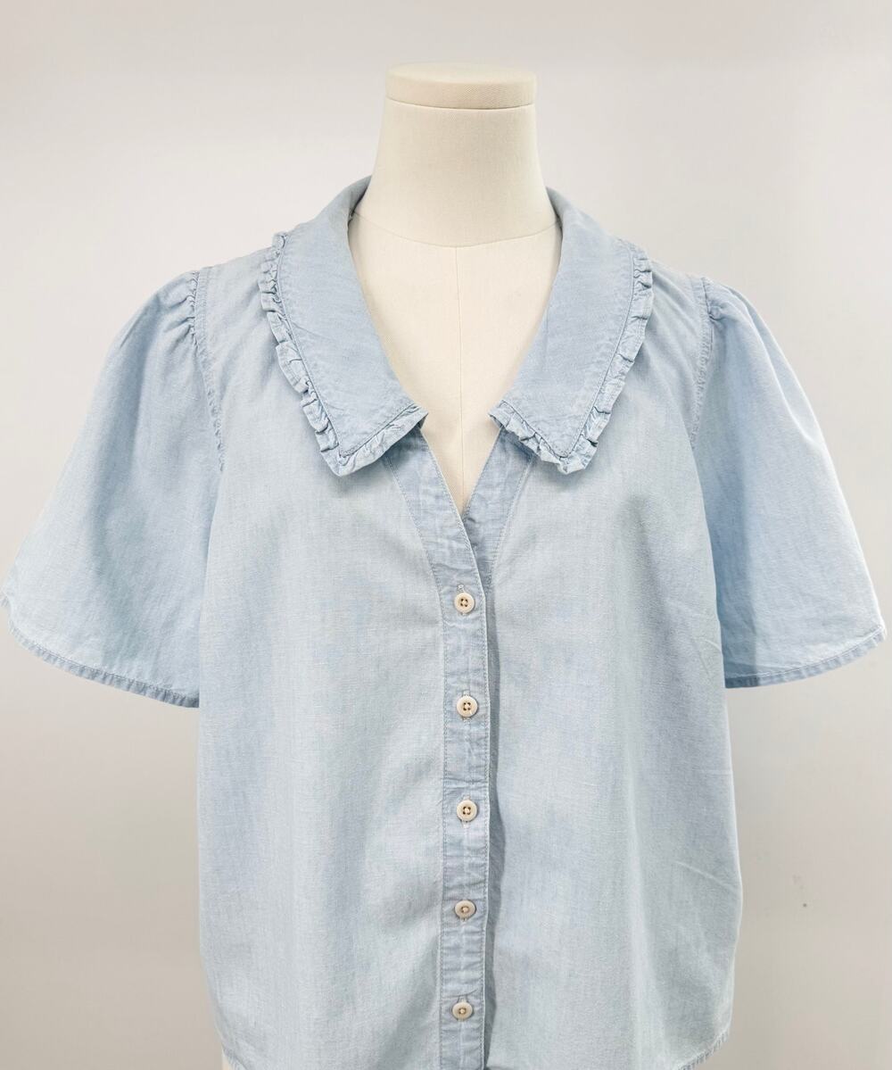 Madewell Chambray Blue Denim Top Ruffle Collar Blouse Short Sleeve 12